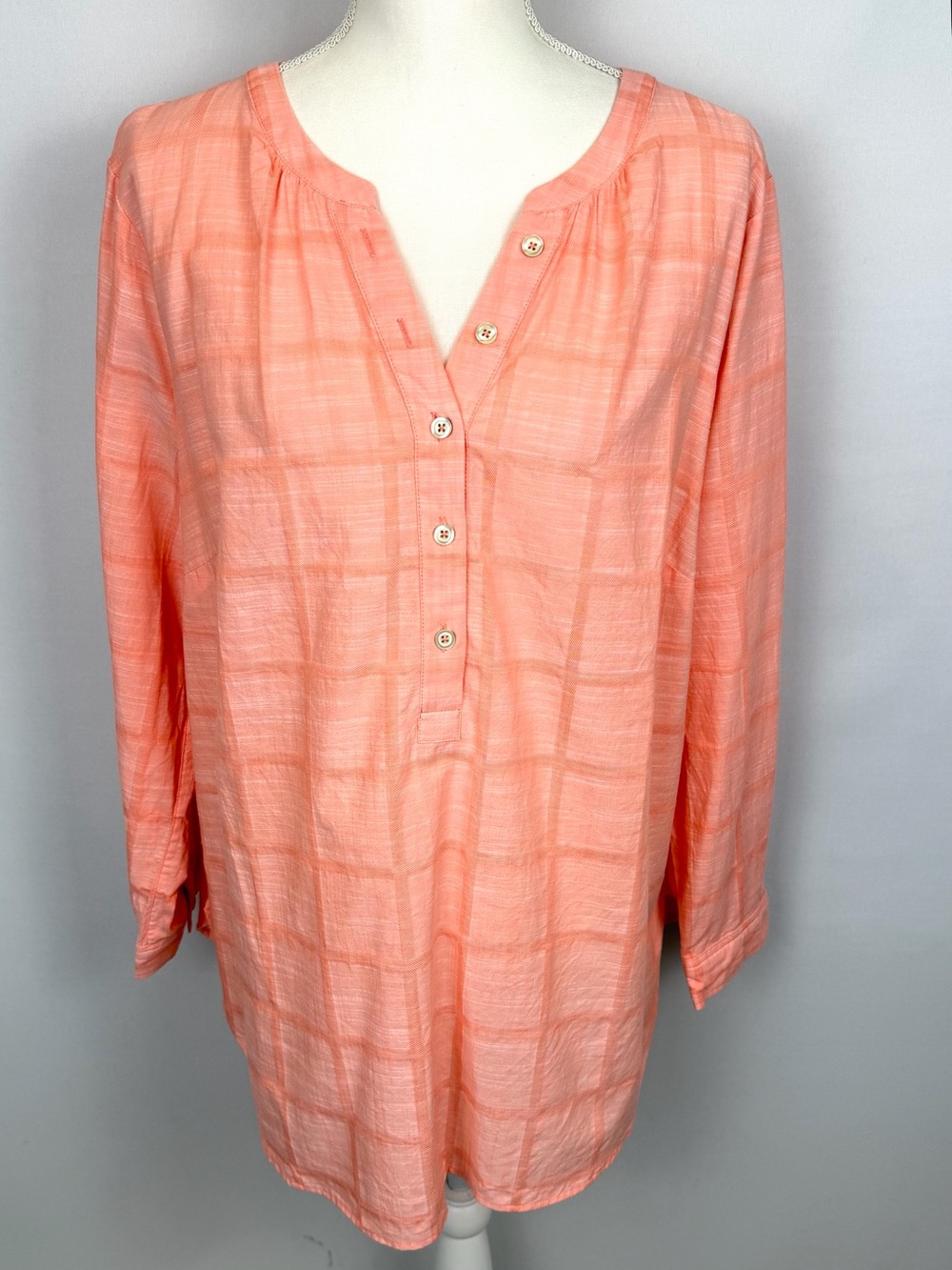 Talbots Plus Size Peach Long Sleeve Popover Tunic Peasant Blouse Cotton Size 1X
